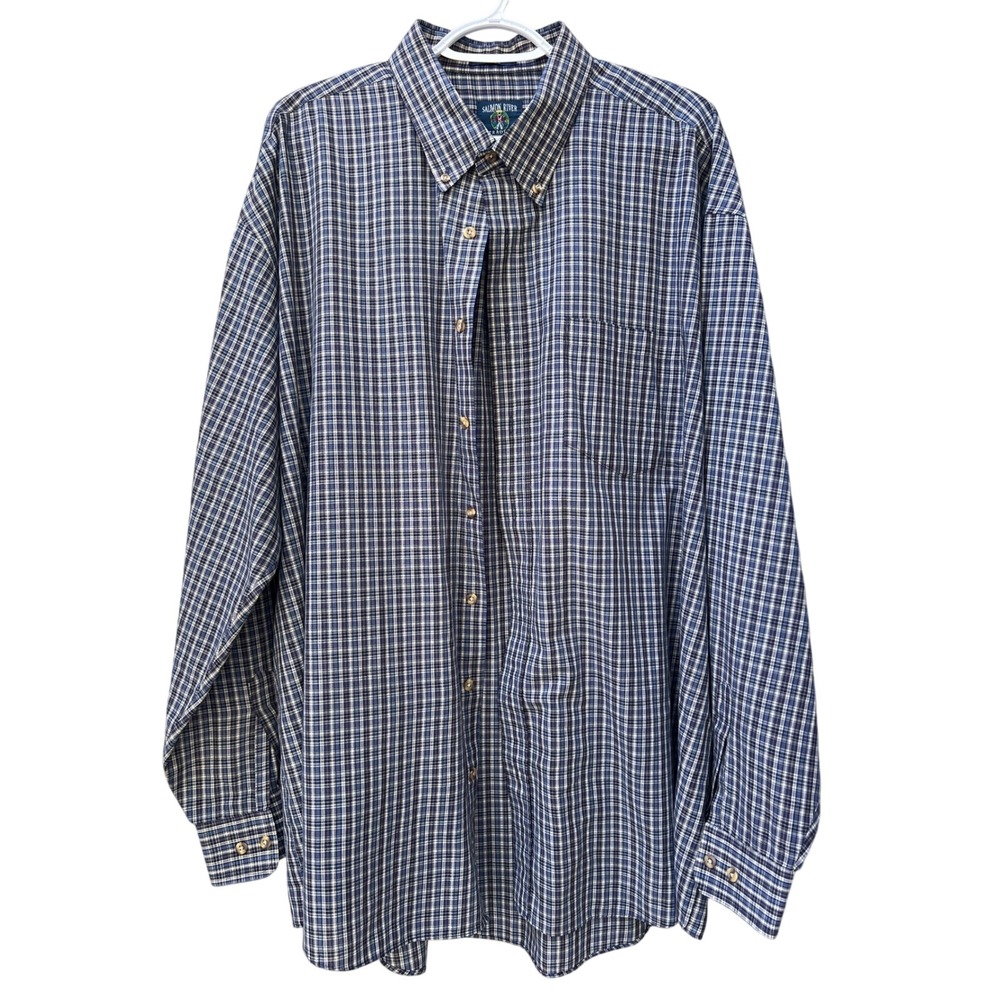Salmon River Traders Mens 2XLT Plaid Button Down Shirt Blue Long Sleeve Tall